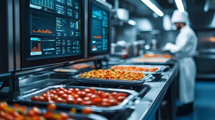 Close-up of digital sensors monitoring food safety in a commercial kitchen, food safety, tech-enhanced food hygiene