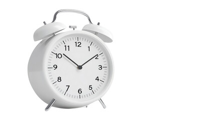 classic white alarm clock with round face and two bells on top, displaying clear black numbers and hands. This timeless design adds touch of nostalgia to any setting