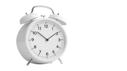 classic white alarm clock with round face and two bells on top, displaying clear black numbers and hands. This timeless design adds touch of nostalgia to any setting