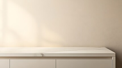  White kitchen tabletop for product presentation. Empty marble countertop. Minimalistic mockup for restaurant or beauty ad design. 