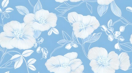 Fototapeta premium Elegant Blue and White Floral Pattern with Delicate Blossoms and Leaves