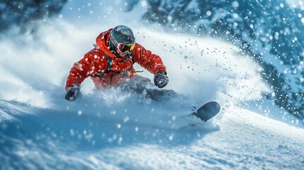 A man in an orange jacket is snowboarding down a hill
