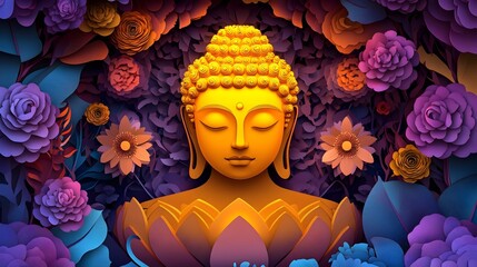 Serene Buddha Statue Surrounded by Vibrant Floral Mandala