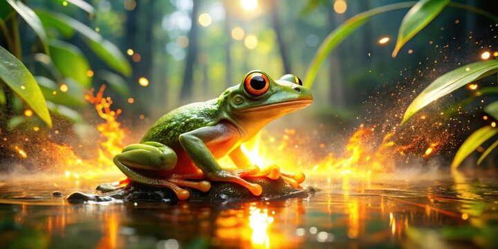 Translucent glass frog on fire in jungle river scene with glitter and sun