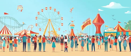 Obraz premium A vibrant, colorful carnival scene with a large crowd enjoying rides, games, and attractions under a bright blue sky.