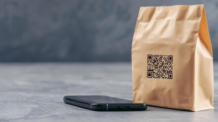 Futuristic packaging with QR code displaying nutritional information on a smartphone, smart packaging, food tech integration