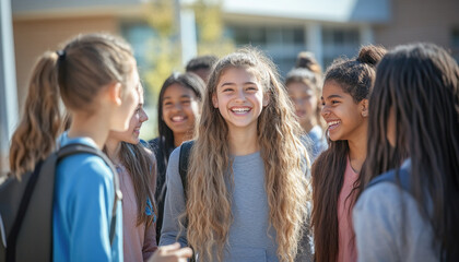 Fototapeta premium Group of diverse high school students smiling and talking together outside school building