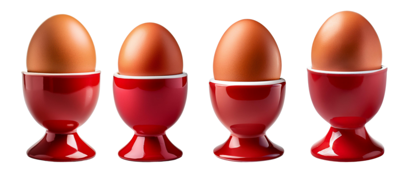 Four brown eggs in red egg cups on white isolated background.