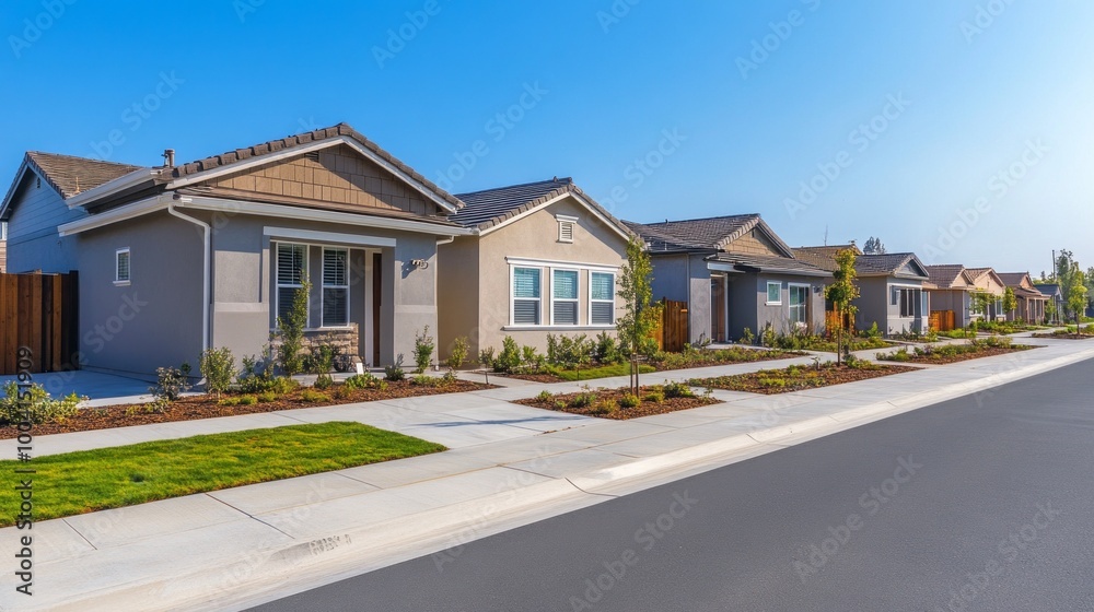 Poster a row of houses with a green lawn in front of them