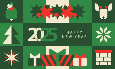 Creative concept of 2025 Happy New Year geometric banner. Design template with logo 2025 for celebration and season decoration. Color trendy backgrounds for web, cover, card, poster
