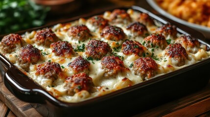 delicious casserole with creamy white sauce and tender meatballs presented in an elegant ceramic dish inviting viewers to indulge in comfort food