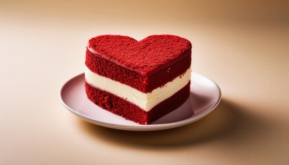 Heart Shaped Red Velvet Cake Slice with Creamy White Frosting and Decorative Red Heart Topper on Beige Background. Perfect for Romantic Celebrations, Valentine's Day, or Special Occasions