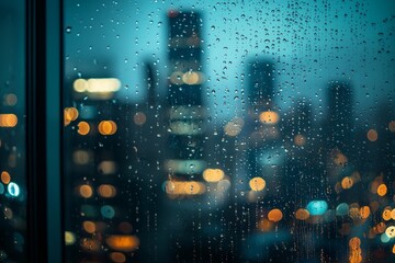 A rainy night in the city, a view from behind an office window with lights reflecting on the glass, blurry skyscrapers outside.
