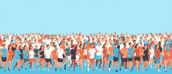 Obraz premium A vibrant illustration of a diverse crowd of runners participating in a race against a blue backdrop.