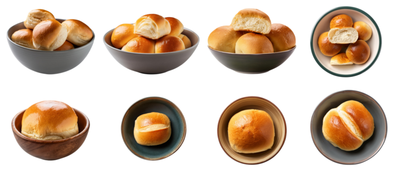 Delicious assorted bread rolls in various bowls, white isolate background