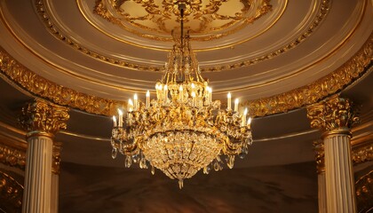 Obraz premium A luxurious gold chandelier hanging from an ornate ceiling, opulent lighting