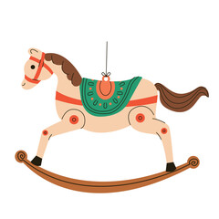 Flat vector illustration Christmas tree toy. Christmas tree toy rocking horse. Rocking pony on white background.