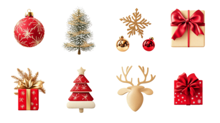 Christmas and New Year holiday cards isolated on transparency background PNG, featuring festive decorations, snowflakes, ornaments, and gifts with space for text