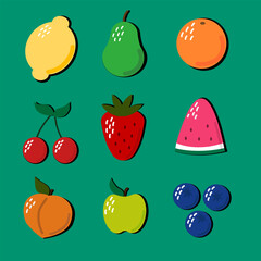 Summer fruits. Design elements for children's stationery and educational materials. A set of fruits and berries. Cherry, strawberry, lemon, orange, pear, blueberry, peach, pumpkin, apple.