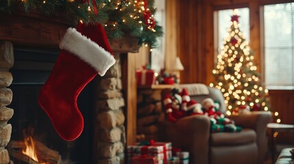 A welcoming living area adorned with shimmering lights, a Christmas tree, and a hanging stocking above the fireplace