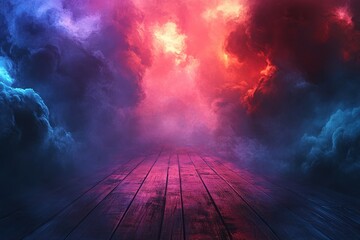 Fototapeta premium Vibrant swirling clouds in hues of blue, red, and purple create a surreal, dreamlike atmosphere, ideal for use in fantasy or sci-fi projects, music covers, and visual arts,