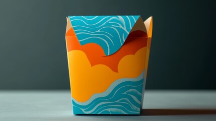 Colorful Takeout Container with Blue and Orange Design.