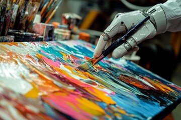 Fototapeta premium A robotic hand paints a colorful canvas with vibrant brush strokes. The fusion of technology and art invites creativity. A focus on innovation and artistry. Generative AI