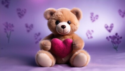 Fototapeta premium Adorable Fluffy Teddy Bear Holding a Red Heart, Set Against a Soft Purple Background, Representing Love, Affection, and Warmth. Perfect for Valentine's Day, Friendship, or Gift Themed Concepts