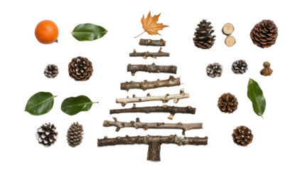 DIY Christmas Tree from nature, solated on transparency background PNG, created from natural elements like branches, pinecones, and leaves, arranged in a minimalist tree shape for eco-friendly