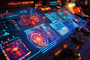 A detailed shot of a spaceship’s control panel, featuring holographic displays with navigation maps and alien symbols glowing in the air.