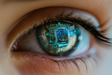A close-up of a human eye enhanced with cybernetic features, with digital circuits visible and a glowing blue interface scanning data in real-time