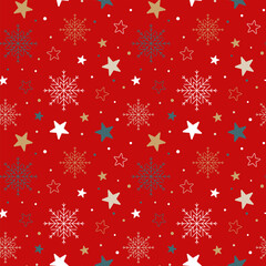 Snowflake and stars Seamless Pattern on a red background. Christmas Background Pixel Perfect. Premium Quality. EPS 10