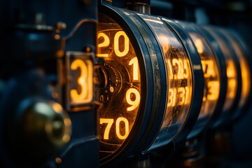 A close-up of a time travel device, with glowing numbers and rotating dials indicating the passage of time, casting a soft light in a dark room.