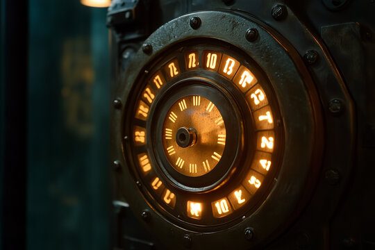 A close-up of a time travel device, with glowing numbers and rotating dials indicating the passage of time, casting a soft light in a dark room.