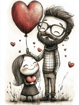 Fathers Day card with watercolor illustration. Father's Day template. Father and daughter with balloons and hearts