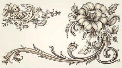 Art Nouveau decorative elements and frames, featuring flowing, organic lines and intricate details. The elements are displayed on a light background, showcasing their elegance and suitability 