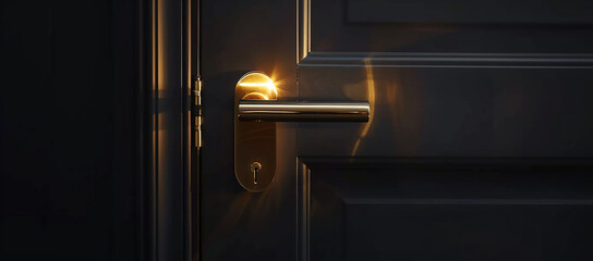 Obraz premium To the right of an open black wooden double door is a gold door handle.