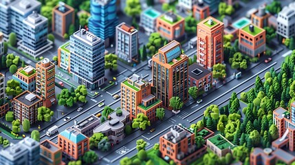 Fototapeta premium An isometric city builder kit with modular urban elements, allowing users to create detailed cityscapes. The kit includes buildings, roads, and parks, all presented in a clean, isometric grid, 