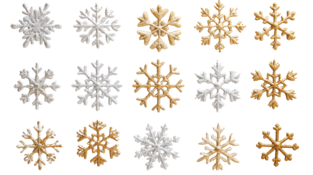 Glittering snowflake ornaments arranged artistically solated on transparency background PNG, symbolizing the festive season