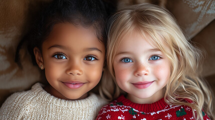 Two adorable little girls of different ethnicity wearing holiday sweaters, smiling for the camera.