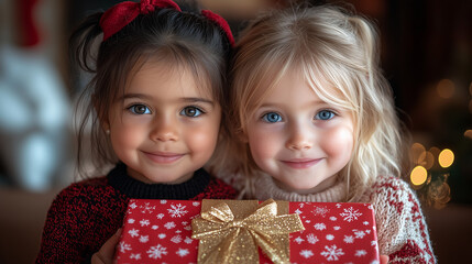 Two adorable little girls of different ethnicity wearing holiday sweaters, smiling for the camera and holding a wrapped present.