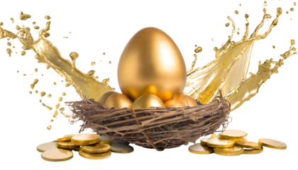 savings increasing saving concept egg golden nest Splash on a white isolated background. Generative AI.