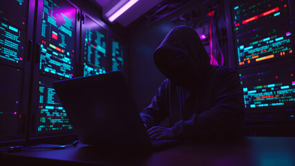 Obraz premium Coding, overlay and hacker on laptop in dark for programming, malware and information technology. Cybersecurity, user interface and person with computer for online crime, fraud and website virus