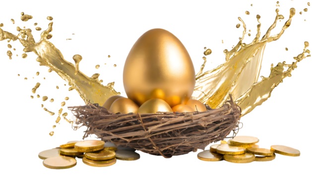 savings increasing saving concept egg golden nest Splash on a white isolated background. Generative AI.