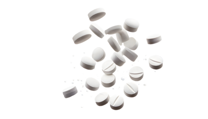 scattered white pills Splash on a white isolated background. Generative AI.