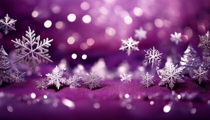 Christmas Background: A rich plum-colored background with sparkling silver snowflakes and light bokeh effects.