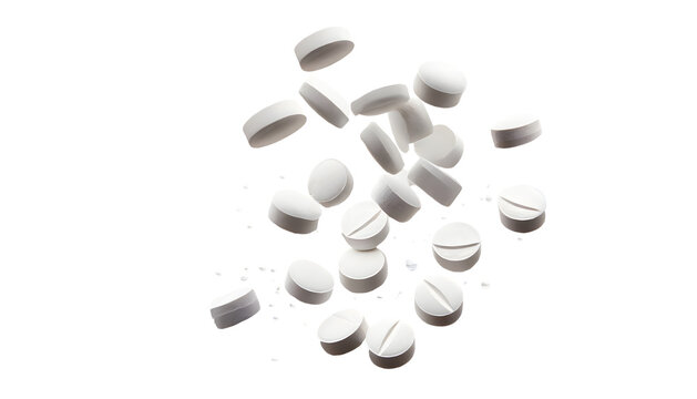 scattered white pills Splash on a white isolated background. Generative AI.