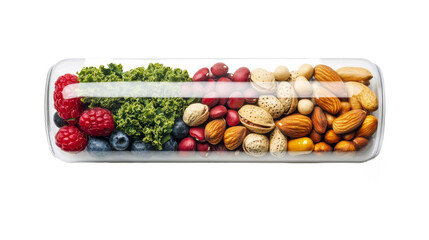 Nutrient-rich capsule showcasing a variety of whole foods like berries,isolated on a white background. Modern. cutout PNG file on a transparent background. PNG format