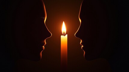 Silhouettes facing candlelight in darkness