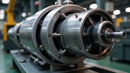 Fototapeta premium A close-up side view photo captures a highly detailed futuristic machine amidst an industrial setting with intricate gears and pipes illuminated by dynamic lighting